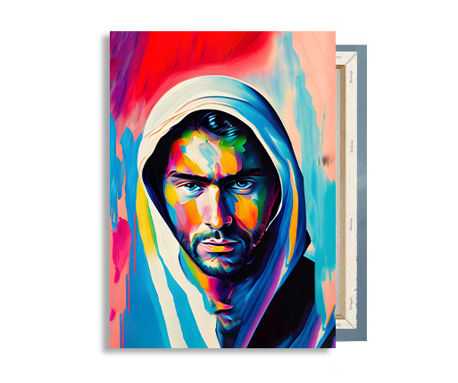 Photograph of the artwork "Enigmatic Jesus" on canvas frame.